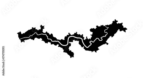 Silhouette of london with the river thames winding through its iconic shape detailed map outline vector