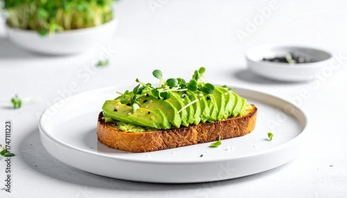 Avocado toast with microgreens served on a white plate healthy food concept
