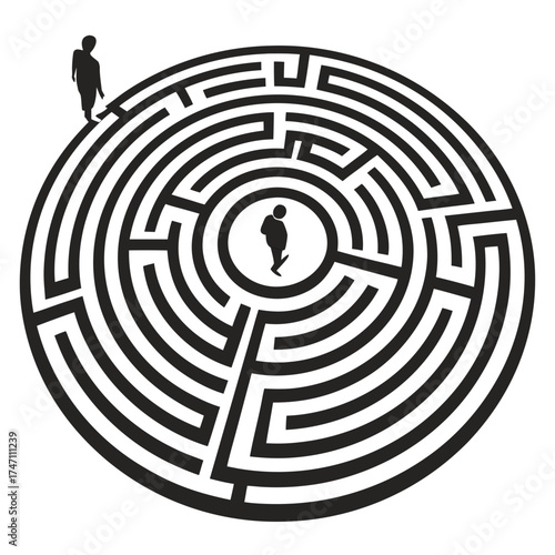 Black circular maze with figures on white background