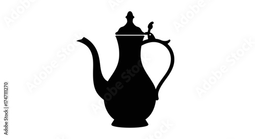 Silhouette of an antique ornate metallic teapot with a long spout and decorative lid perfect for traditional beverage service vector