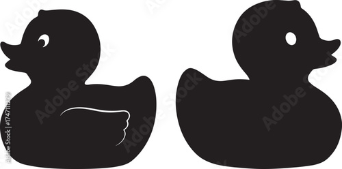 Two black rubber duck silhouettes facing opposite directions isolated on white background