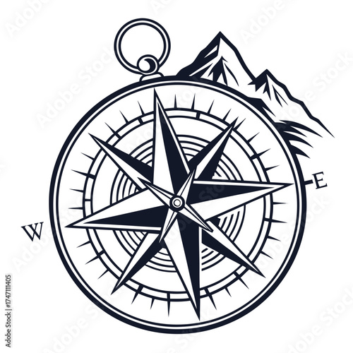 Foto Black compass graphic with mountain peaks navigation