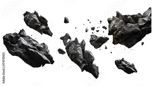 Black rocks and stones floating in air isolated on a transparent white background, clipping path