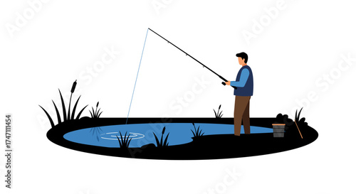Silhouette of a lone fisherman casting a line into a serene pond surrounded by reeds and cattails enjoying a peaceful outdoor activity vector