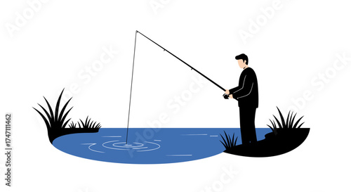 Silhouette of a businessman fishing leisurely in a calm blue lake surrounded by green grass and reeds on a vector