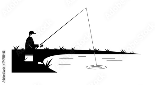 Silhouette of a fisherman angler patiently casting a line into a calm lake with ripples and a catch in simple black and white style vector