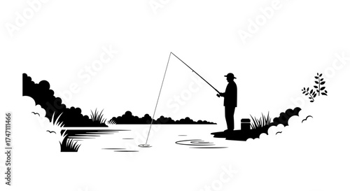 Silhouette of a fisherman casting a line into a serene river at dawn tranquil outdoor activity vector