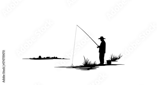 Silhouette of a lone angler casting a fishing rod by a serene lake surrounded by reeds and distant trees vector