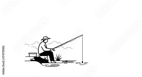 Lone fisherman enjoys tranquil morning casting rod in serene landscape with subtle mountain views vector