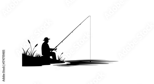 Serene silhouette of a fisherman patiently casting a line by the water's edge at sunrise tranquil outdoor activity vector