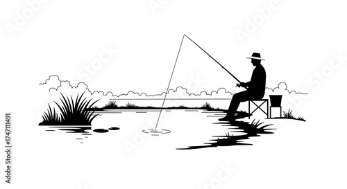 Serene silhouette of a fisherman casting a line into a calm lake during daytime serenity vector