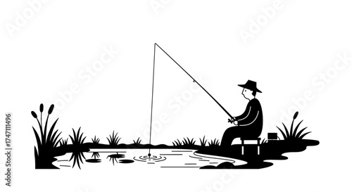 Silhouetted fisherman casting rod enjoying serene pond waters with reeds amidst natural landscape outdoors recreation vector