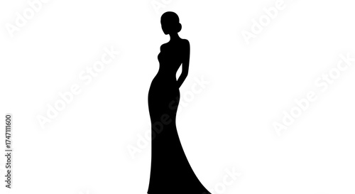 Elegant silhouette of a woman in a formal evening gown posing gracefully isolated on white vector