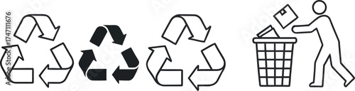 Three recycling symbols and a person placing an item into a recycling bin illustration