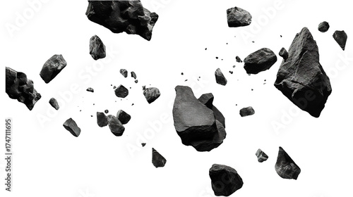 Black rocks and stones floating in air isolated on a transparent white background, clipping path