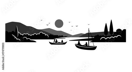 Serene river landscape with silhouette boats and majestic mountain views under a setting sun sky vector