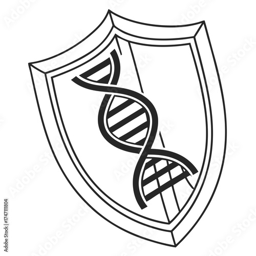 Black D N A helix inside shield emblem white background