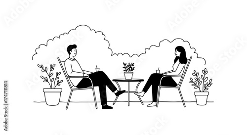 Couple relaxing outdoors enjoying coffee together at table surrounded by lush greenery and flowers sketch style vector