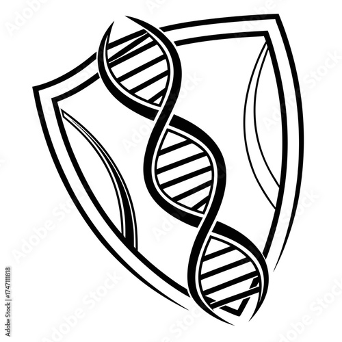 Black D N A helix inside shield emblem double helix