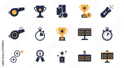 Sports trophy cup award medal stopwatch whistle clipboard scoreboard icons set collection achievement competition victory vector