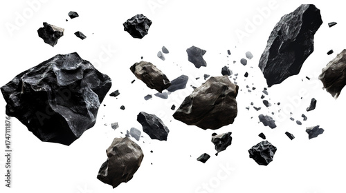 Black rocks and stones floating in air isolated on a transparent white background, clipping path