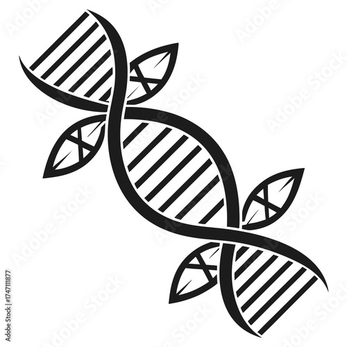 Black D N A helix with leaf elements on white dna helix