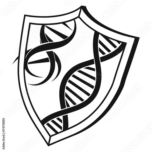 Black D N A strand shield logo on white background