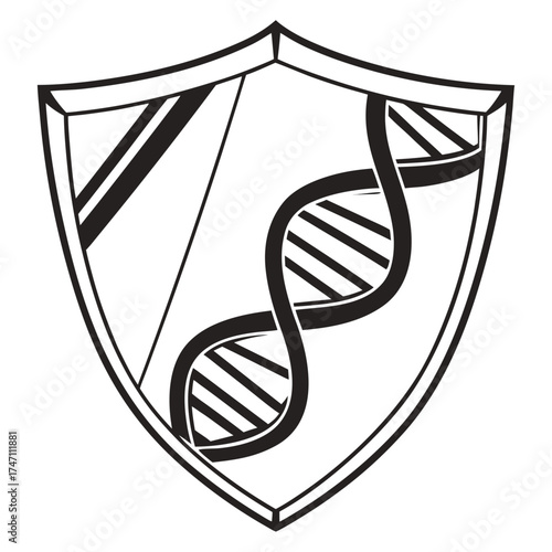 Black D N A strand inside a shield emblem helix double helix