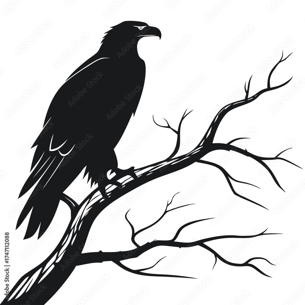 Obraz premium Black eagle perched on bare tree branch silhouette