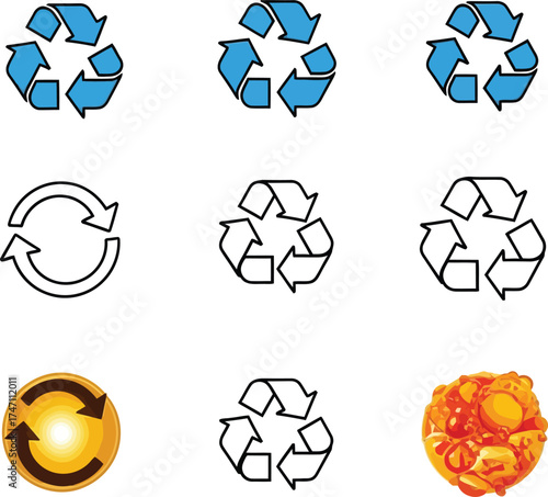 Collection of diverse recycling symbols and icons representing environmental sustainability and reuse concepts
