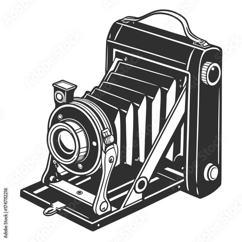 Black vintage bellows camera icon on white background