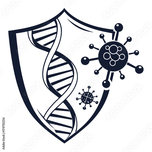 Dark blue shield with D N A and virus icons on white