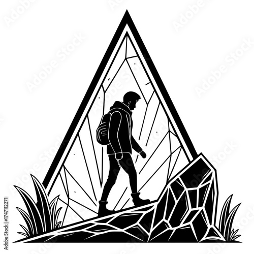 Silhouette of hiker walking on crystal formation mountain