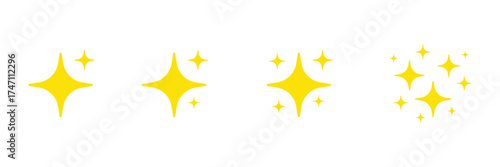 Collection of four hand drawn yellow starburst sparkle effects isolated on transparent background