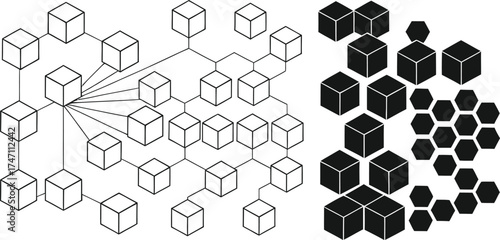 Abstract network of interconnected cubes and geometric shapes in a connected diagrammatic representation
