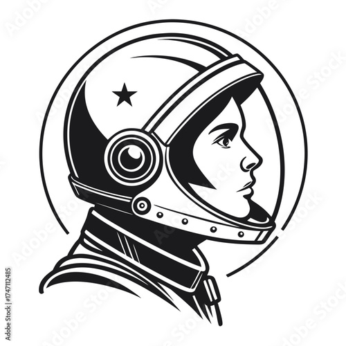 Black astronaut helmet profile with star on white space suit