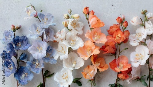 Colorful flower arrangements in shades of blue, peach, and orange.