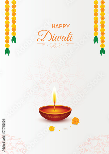 Happy Diwali background with diya mandalas and garlands design