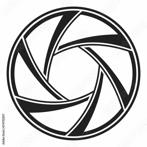 Black camera lens aperture logo on white background