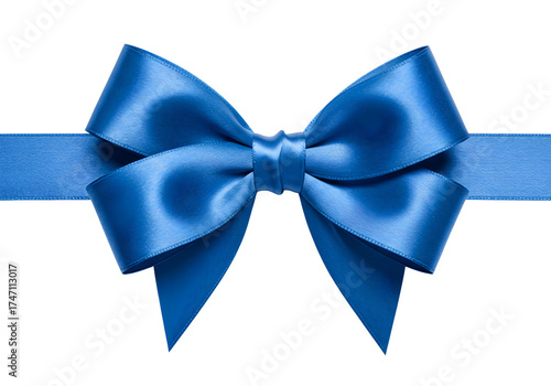 A close-up view of a beautifully tied blue ribbon bow, perfect for adding a touch of elegance to any occasion. The satin material drapes gracefully, showcasing its soft texture