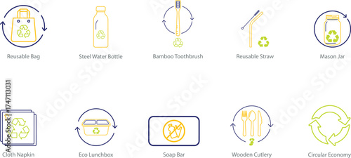 Collection of icons representing zero waste lifestyle concepts and sustainable practices for eco-friendly living
