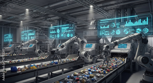 Futuristic Recycling Plant with AI Robotic Arms Sorting Waste