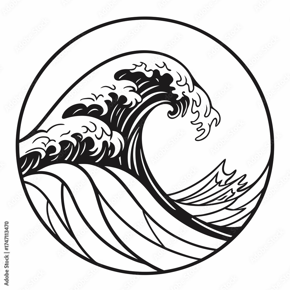 Naklejka premium Black abstract wave line inside circle white background