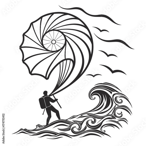 Black abstract swirl sail person on waves with birds
