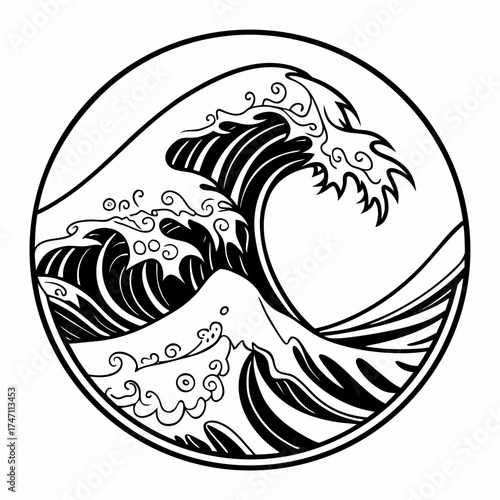Black abstract wave inside circle on white water ocean