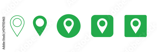 Collection of five green map pin location markers in different styles and shapes isolated on transparent background