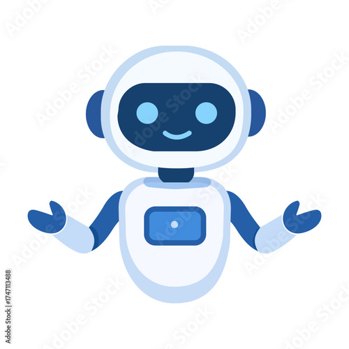 PrintA friendly and approachable AI robot chatbot character, depicted with a welcoming smile and open arms, inviting interaction. Rendered in clean, flat design 