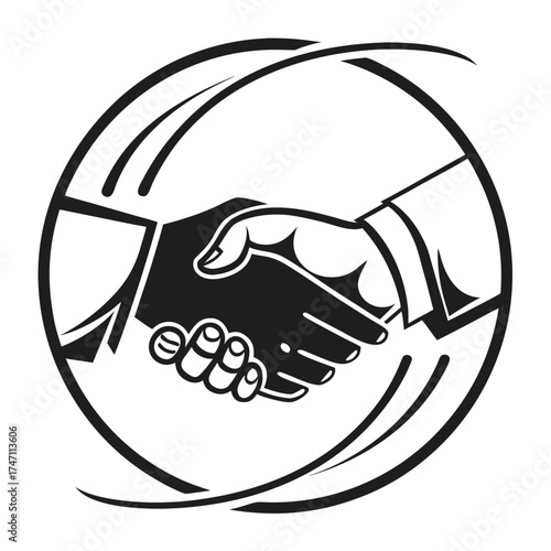 Black handshake graphic inside a circular frame agreement