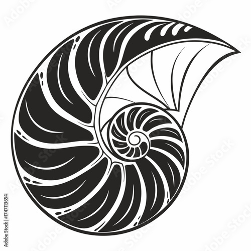 Black nautilus shell spiral graphic on white background
