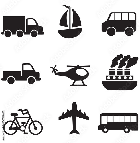  Transport icons set. Vector illustration. Black on white background